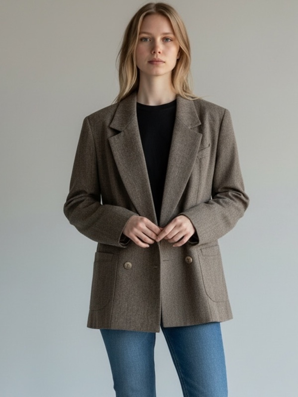 Vintage Audrey Laurent Wool Herringbone Double-Breasted Blazer